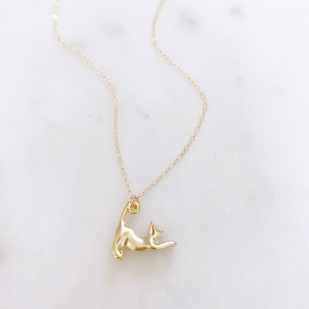 Solid Gold Stretching Cat Pendant Necklace